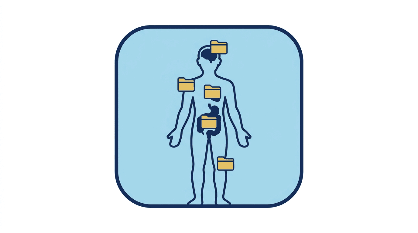 Illustration of a body map with organized folders for conditions